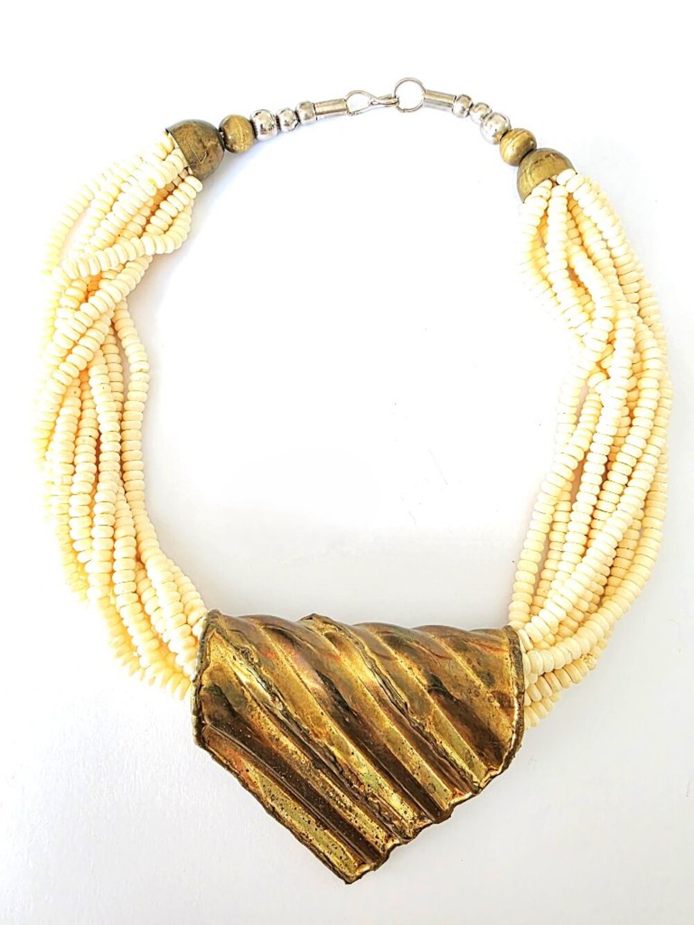Brass triangle & bone rondelle bead statement necklace